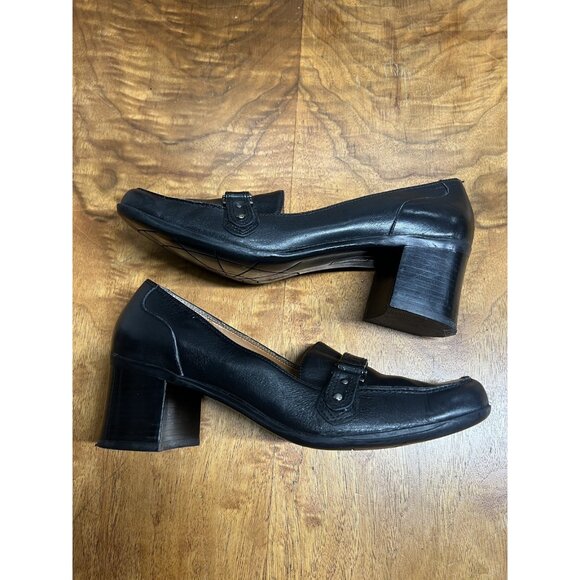 Vtg 90s Bandalino 8.5 M Black Leather Shoes Block Heel Career Old Money Chunky - Picture 2 of 10